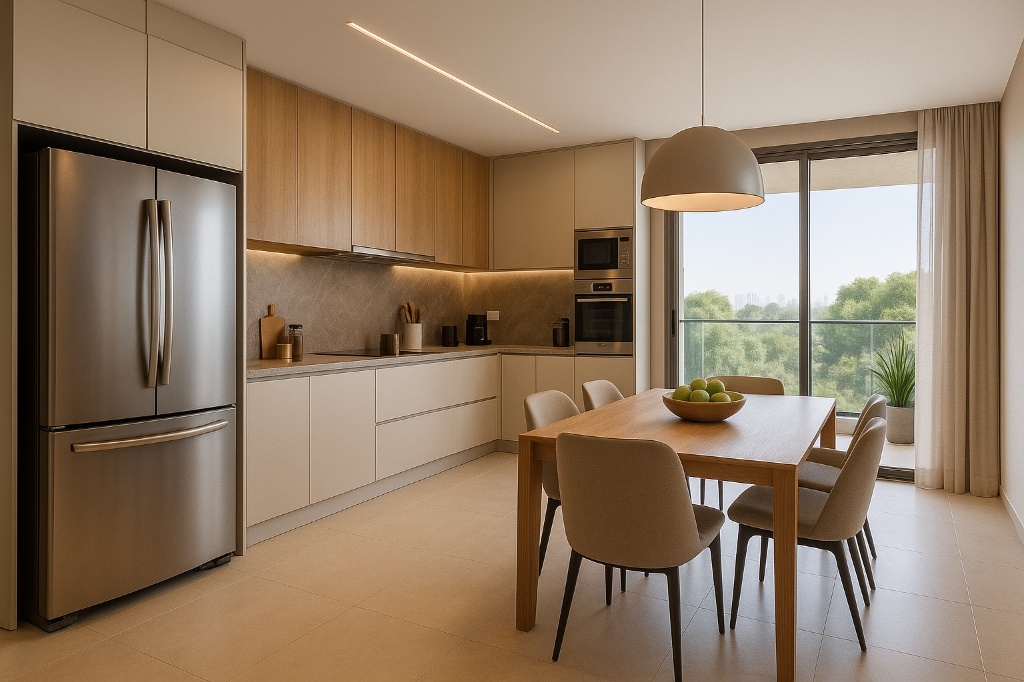 Cozinha moderna e funcional com bancada de mármore