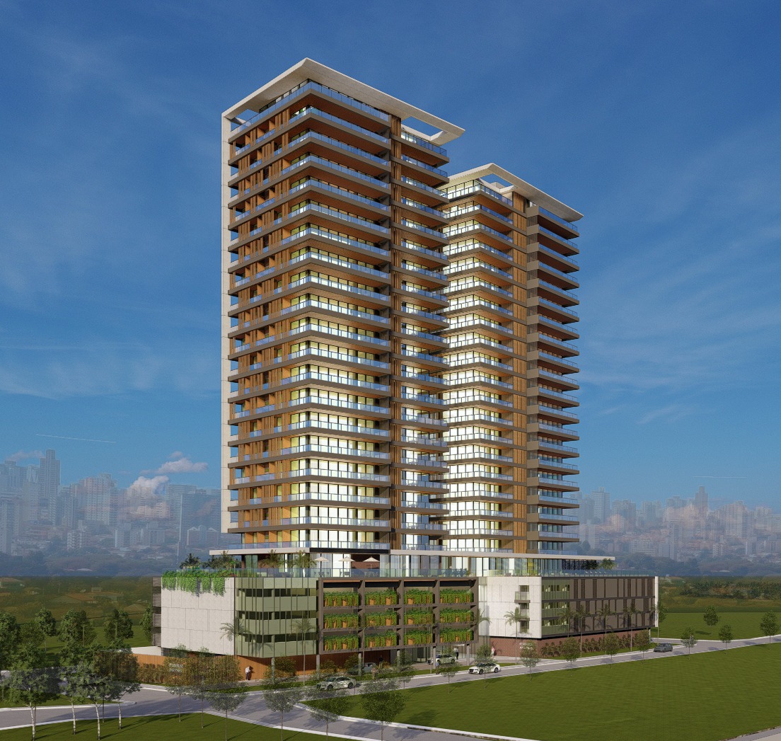 Vista noturna da fachada iluminada do Maison 888