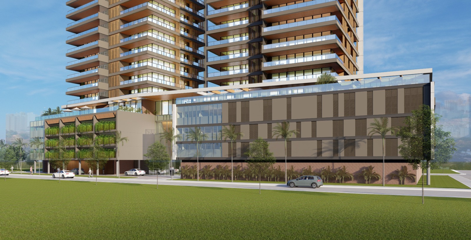 Visão ampla da torre do Maison 888 contra o céu