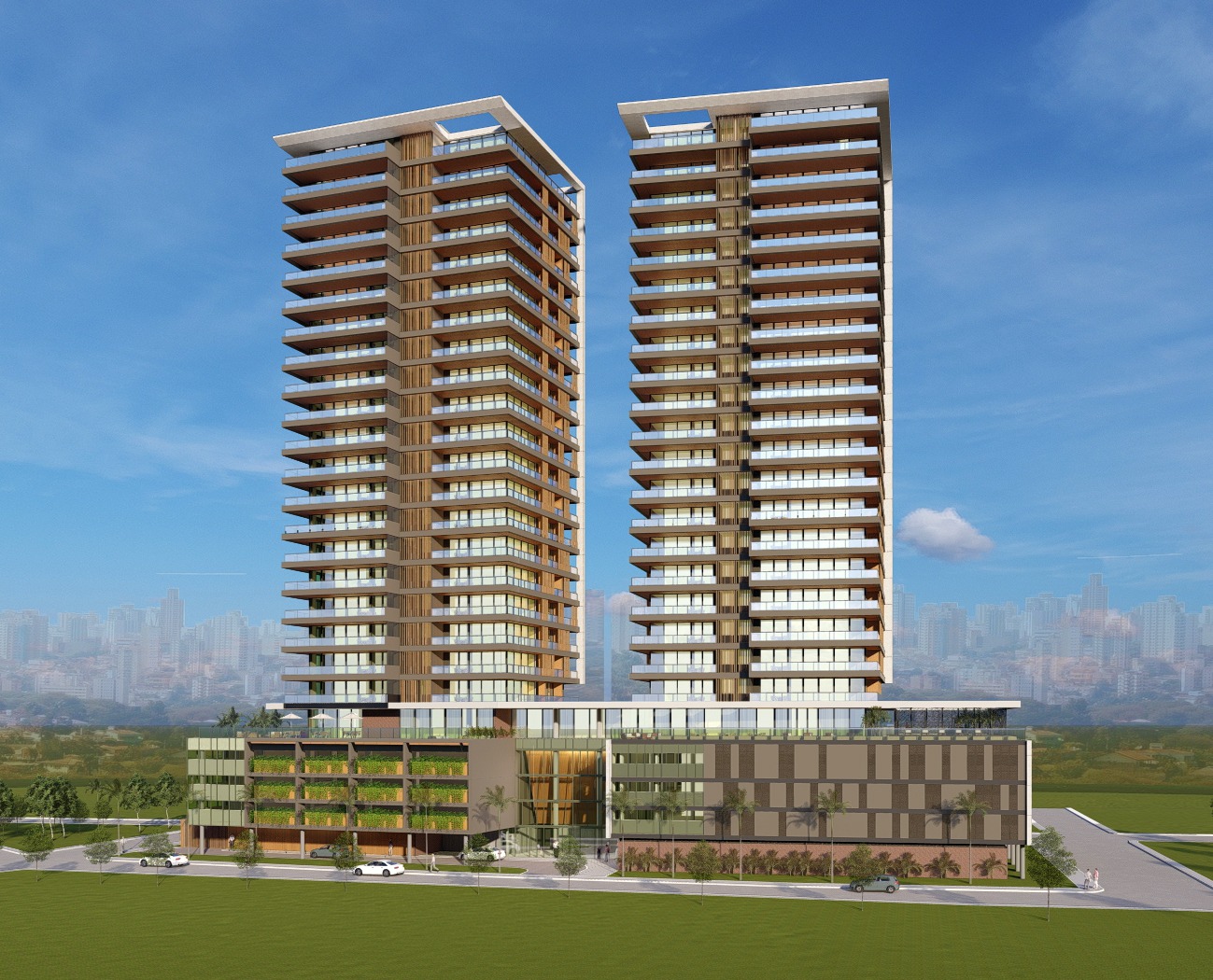 Fachada do Maison 888 com detalhe do paisagismo na base