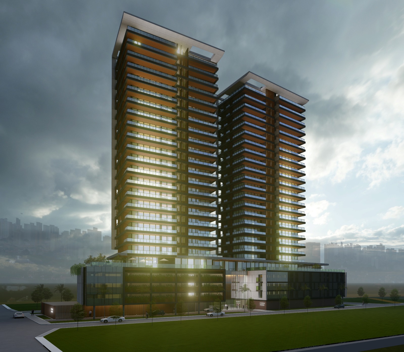 Detalhe dos andares superiores da fachada do Maison 888