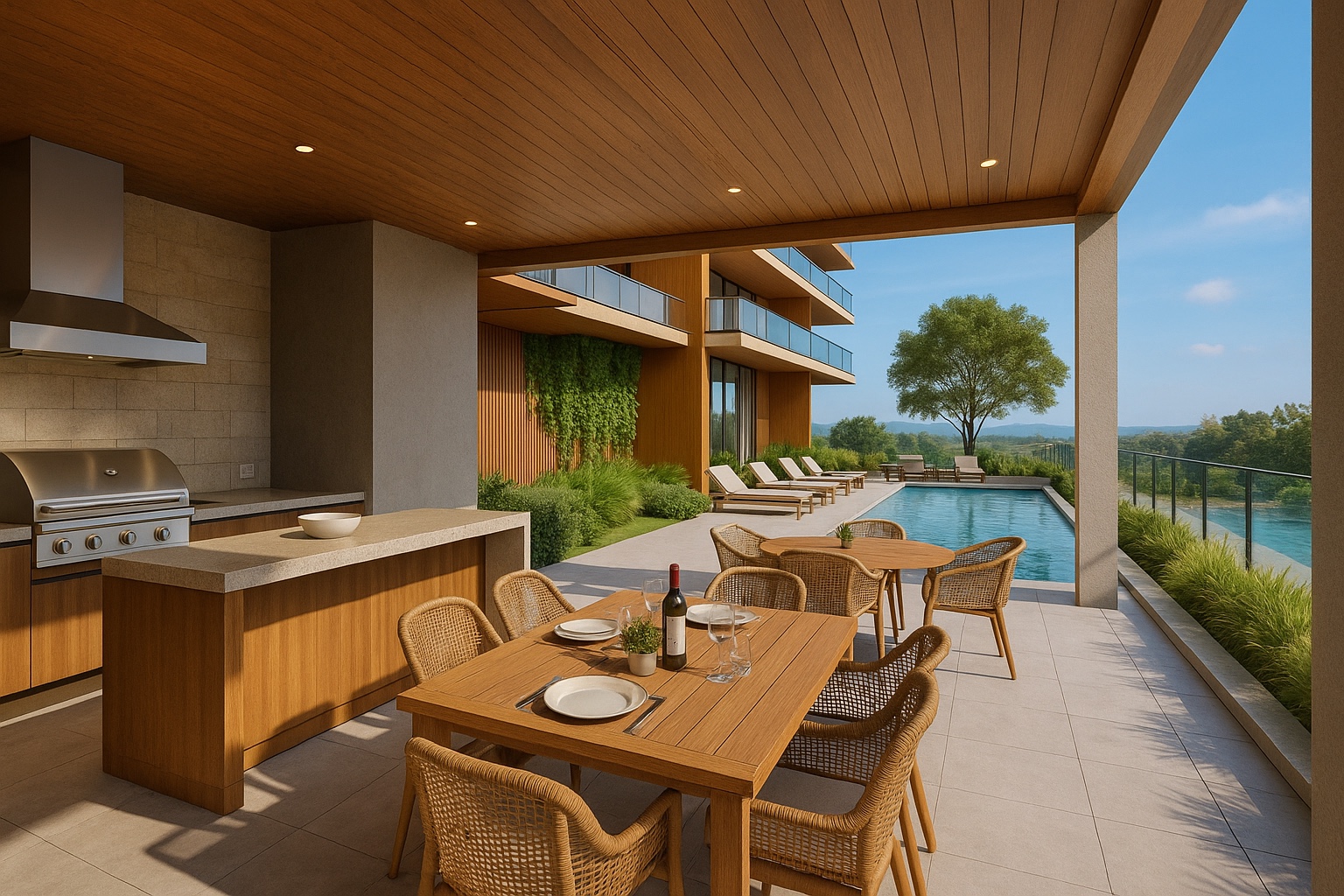 Piscina com deck de madeira e vista para o jardim do Maison 888