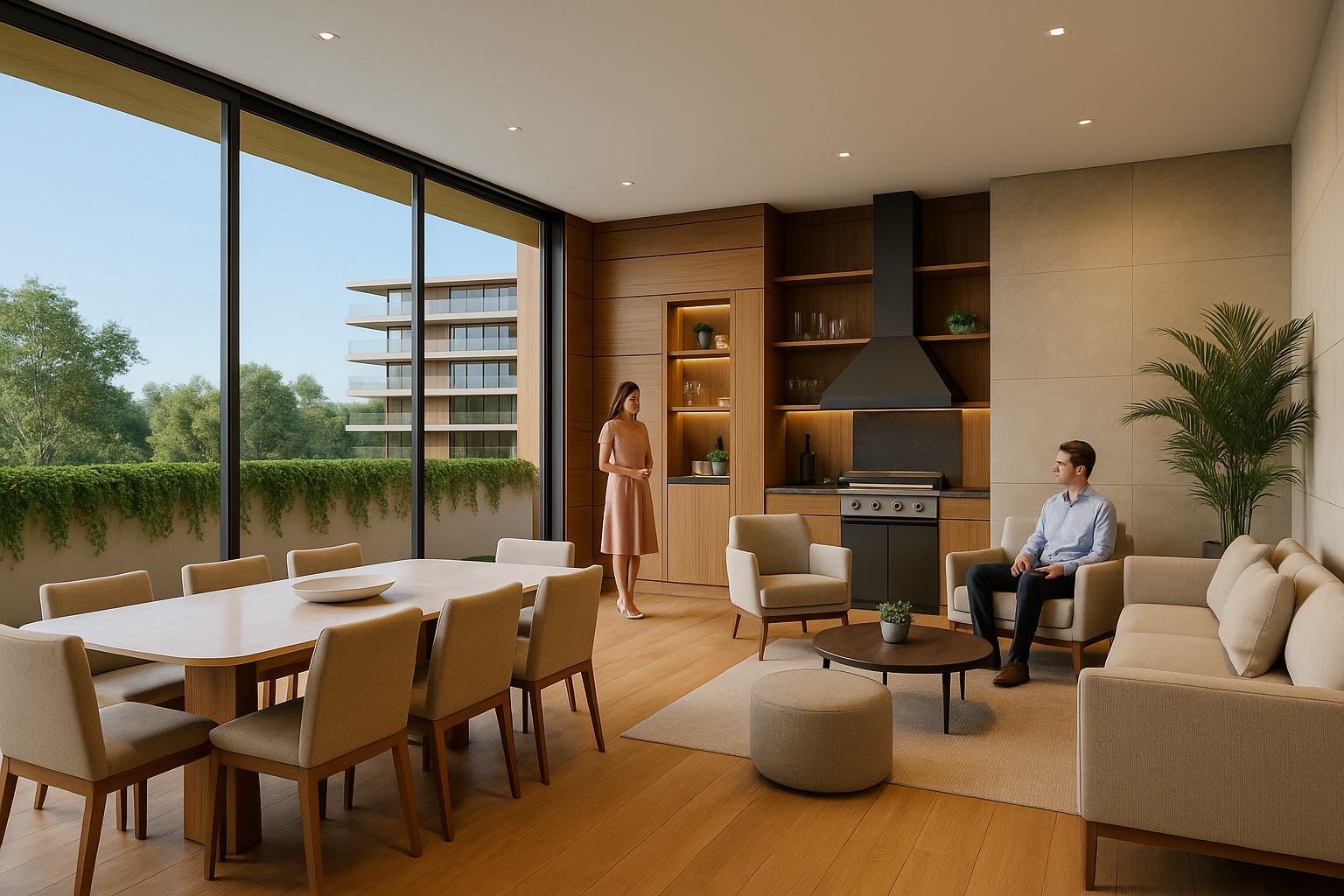 Salão de festas amplo e decorado com mesas e cadeiras no Maison 888