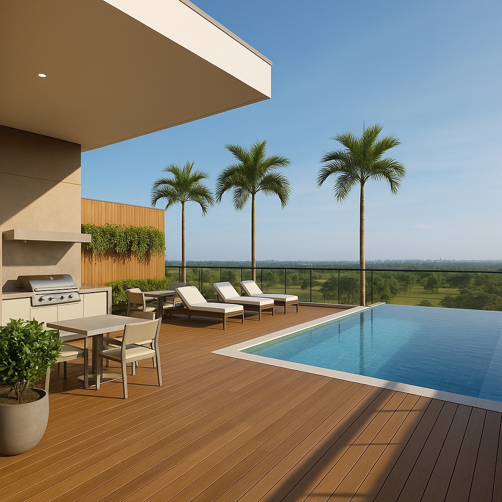 Lounge externo com sofás e poltronas confortáveis no Maison 888