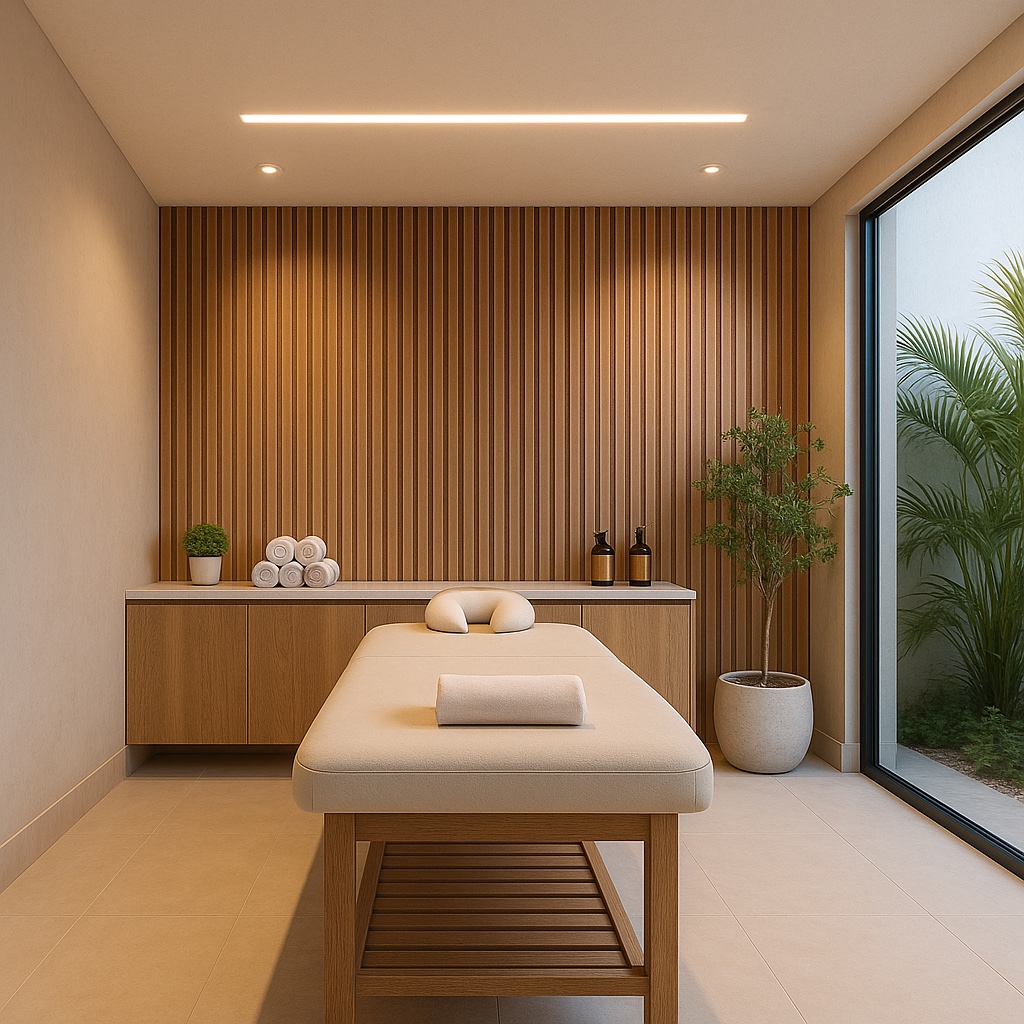 Sala de massagem relaxante e bem decorada no Maison 888