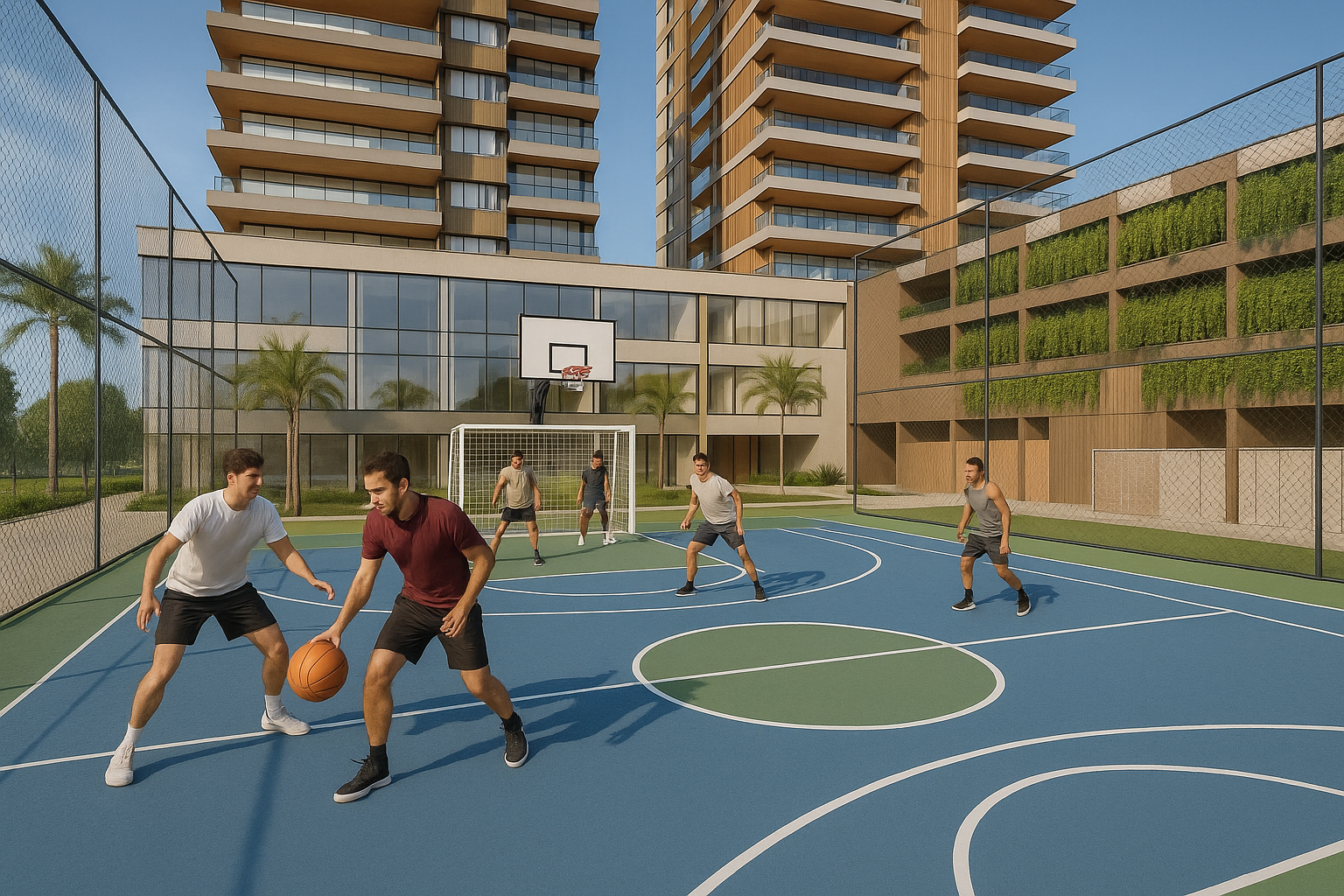 Quadra poliesportiva com pessoas jogando basquete