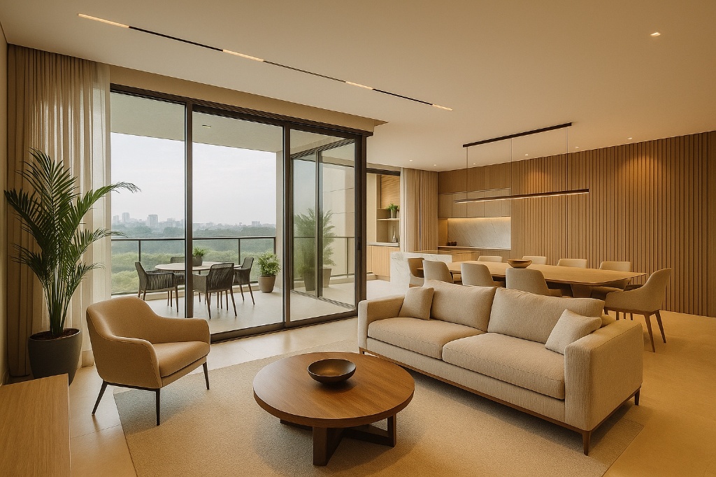 Sala de Estar e Jantar integradas com varanda no Maison 888